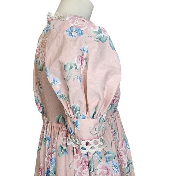 Vtg Daisy Kingdom Pink Floral Fit & Flare Dress Lace Trim Puff Sleeve Girls Sz 6 - Picture 4 of 8